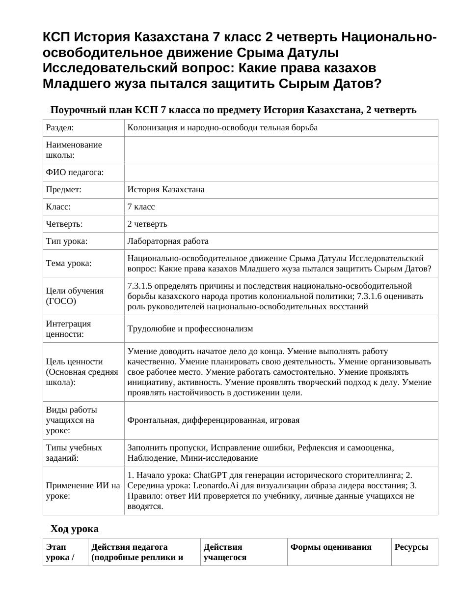 КСП История Казахстана 7 класс 2 четверть Национально-освободительное движение Срыма Датулы Исследовательский вопрос: Какие права казахов Младшего жуза пытался защитить Сырым Датов?