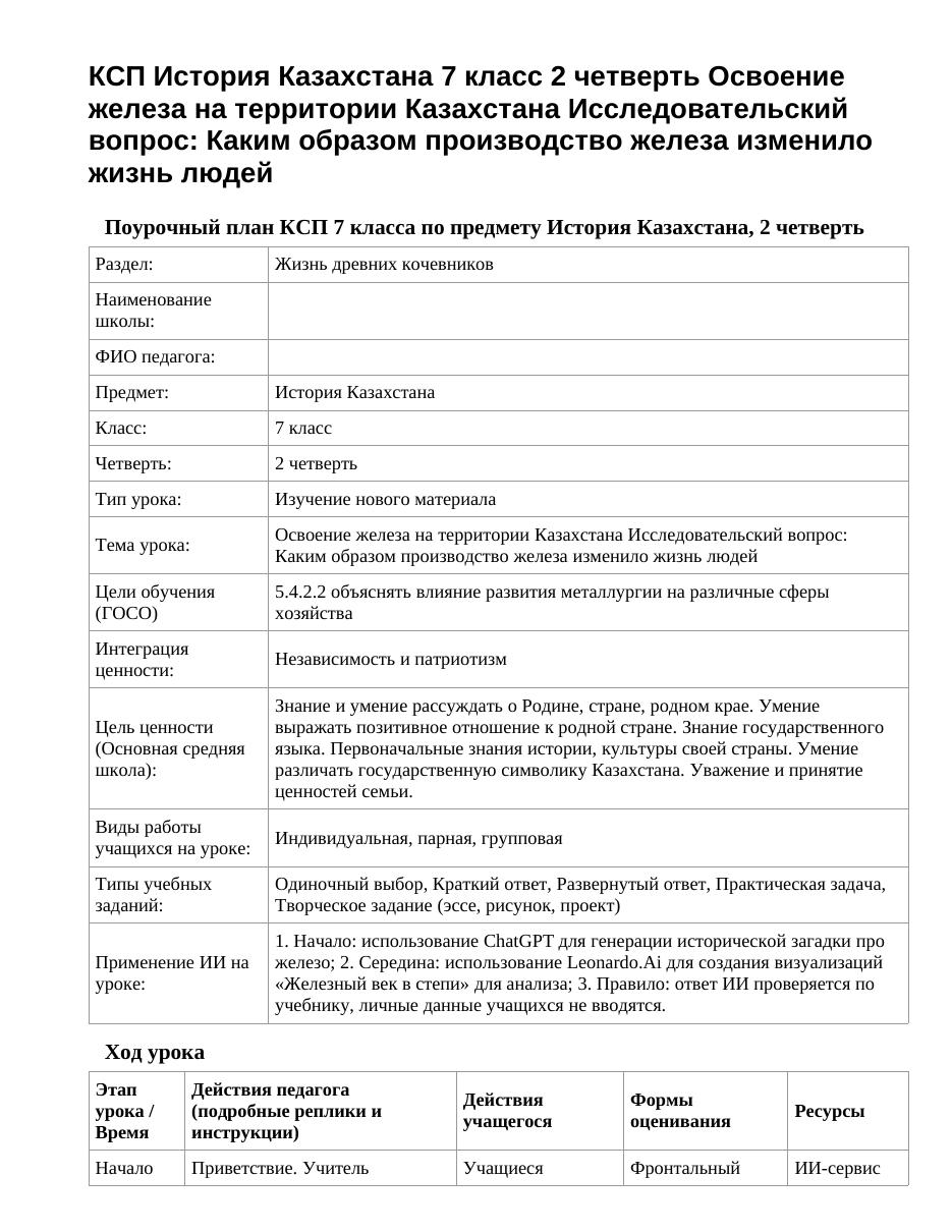 КСП История Казахстана 7 класс 2 четверть Освоение железа на территории Казахстана Исследовательский вопрос: Каким образом производство железа изменило жизнь людей