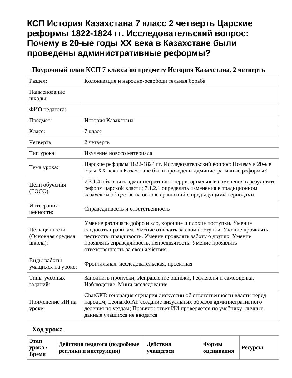 КСП История Казахстана 7 класс 2 четверть Царские реформы 1822-1824 гг. Исследовательский вопрос: Почему в 20-ые годы XX века в Казахстане были проведены административные реформы?