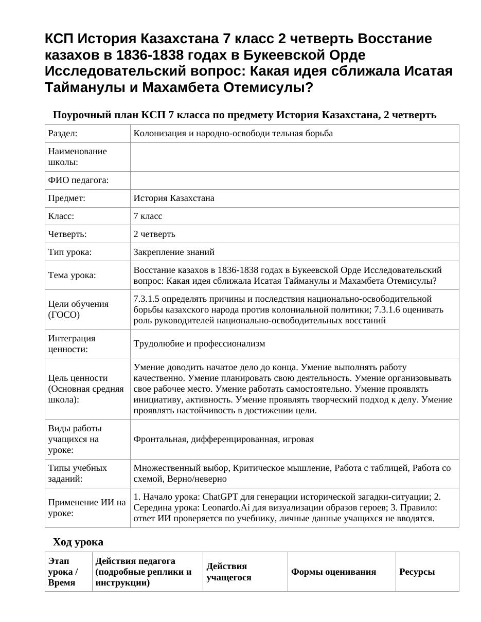 КСП История Казахстана 7 класс 2 четверть Восстание казахов в 1836-1838 годах в Букеевской Орде Исследовательский вопрос: Какая идея сближала Исатая Тайманулы и Махамбета Отемисулы?