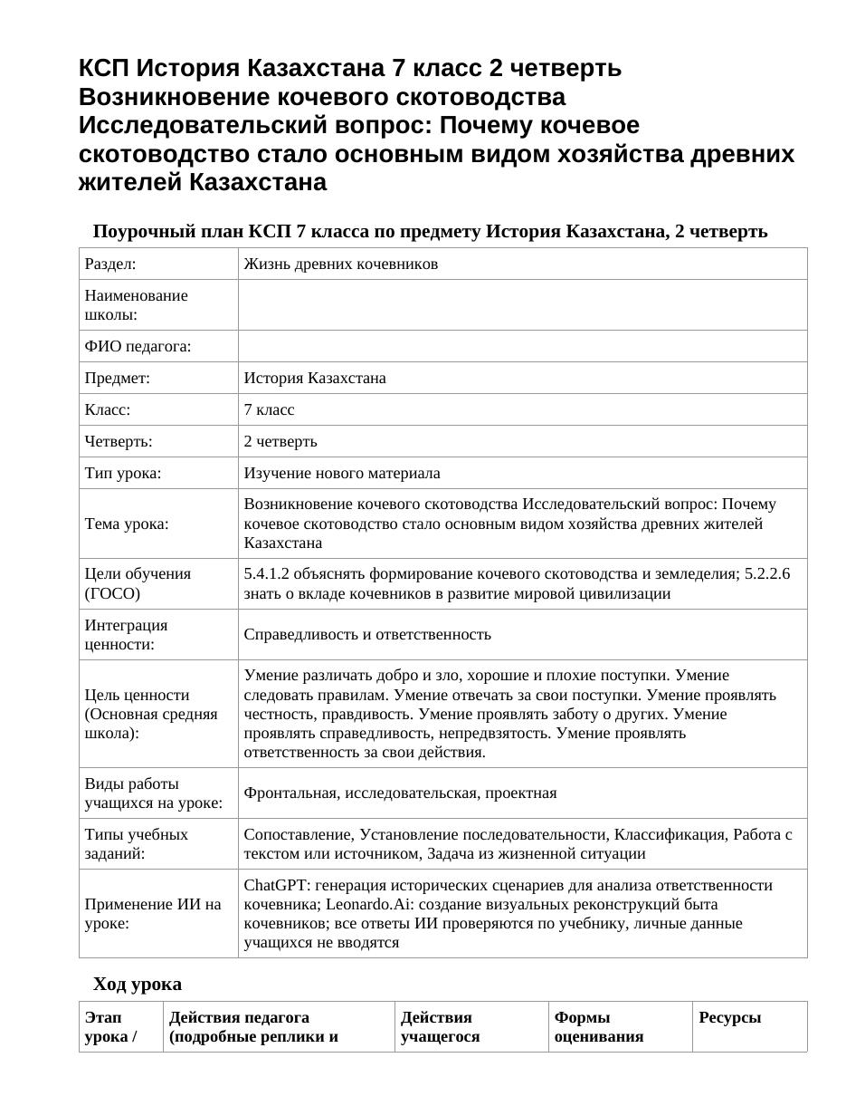 КСП История Казахстана 7 класс 2 четверть Возникновение кочевого скотоводства Исследовательский вопрос: Почему кочевое скотоводство стало основным видом хозяйства древних жителей Казахстана