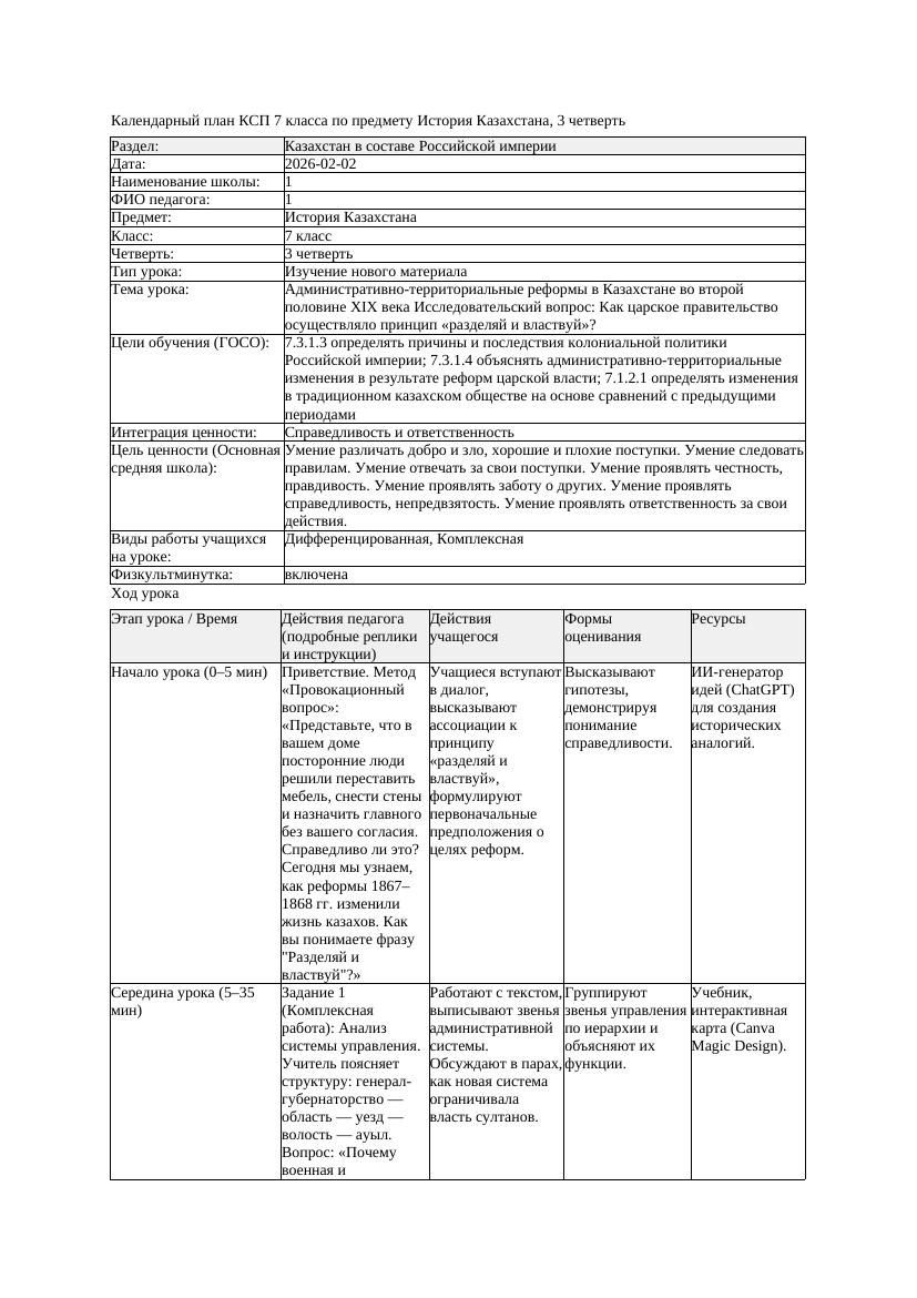 КСП История Казахстана 7класс 3четверть Административно территориальные