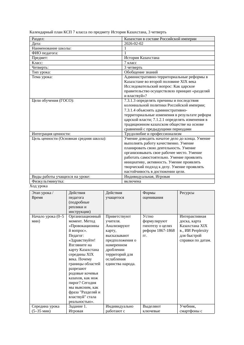 КСП История Казахстана 7класс 3четверть Административно территориальные