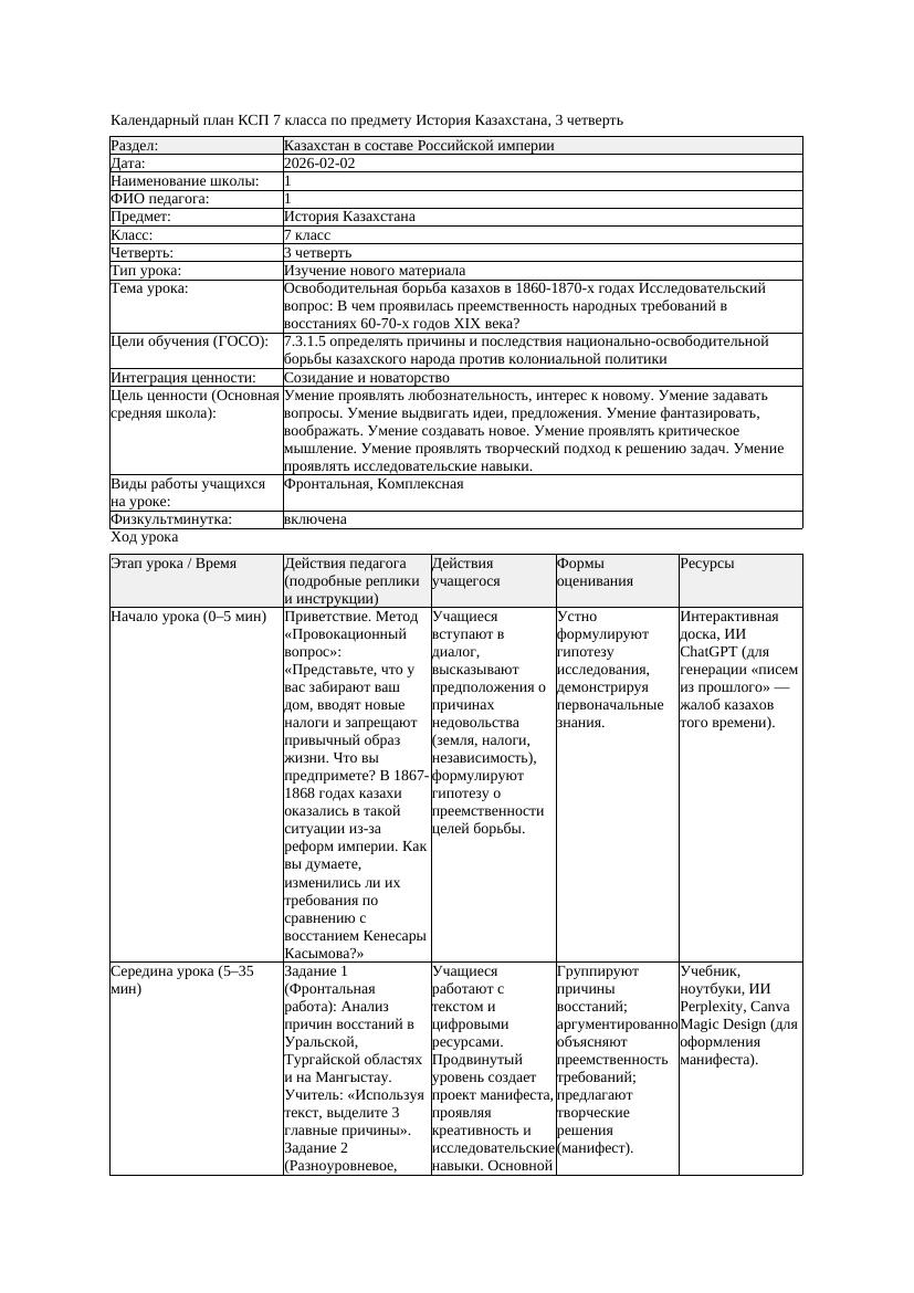 КСП История Казахстана 7класс 3четверть Освободительная борьба казахов