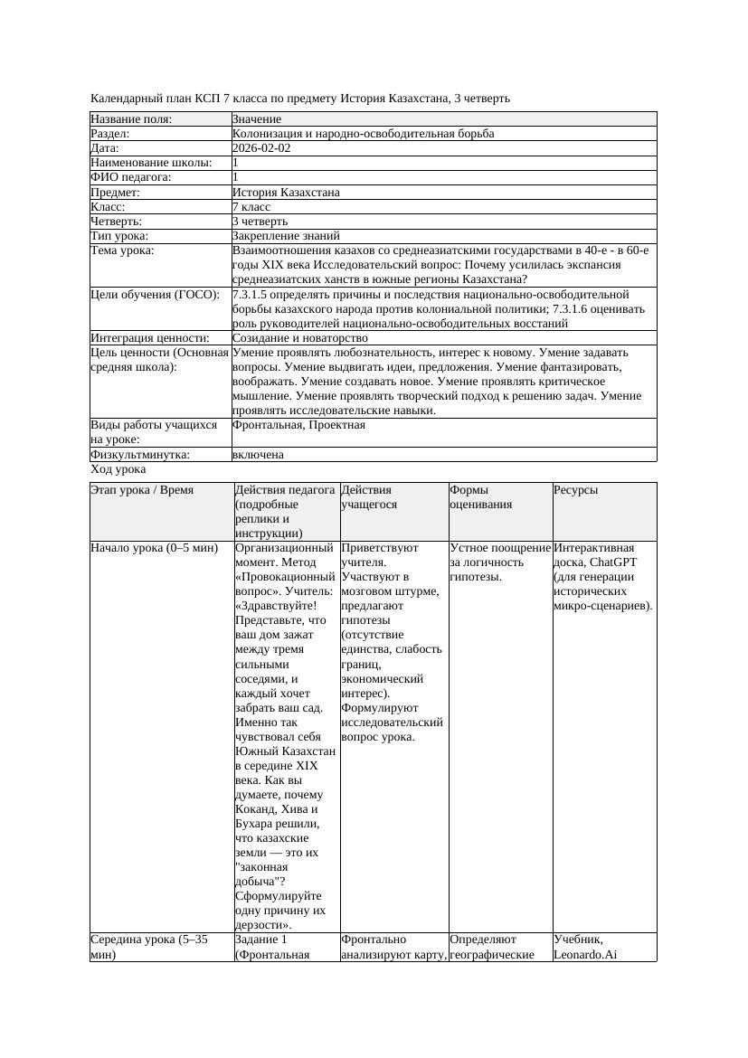 КСП История Казахстана 7класс 3четверть Взаимоотношения казахов