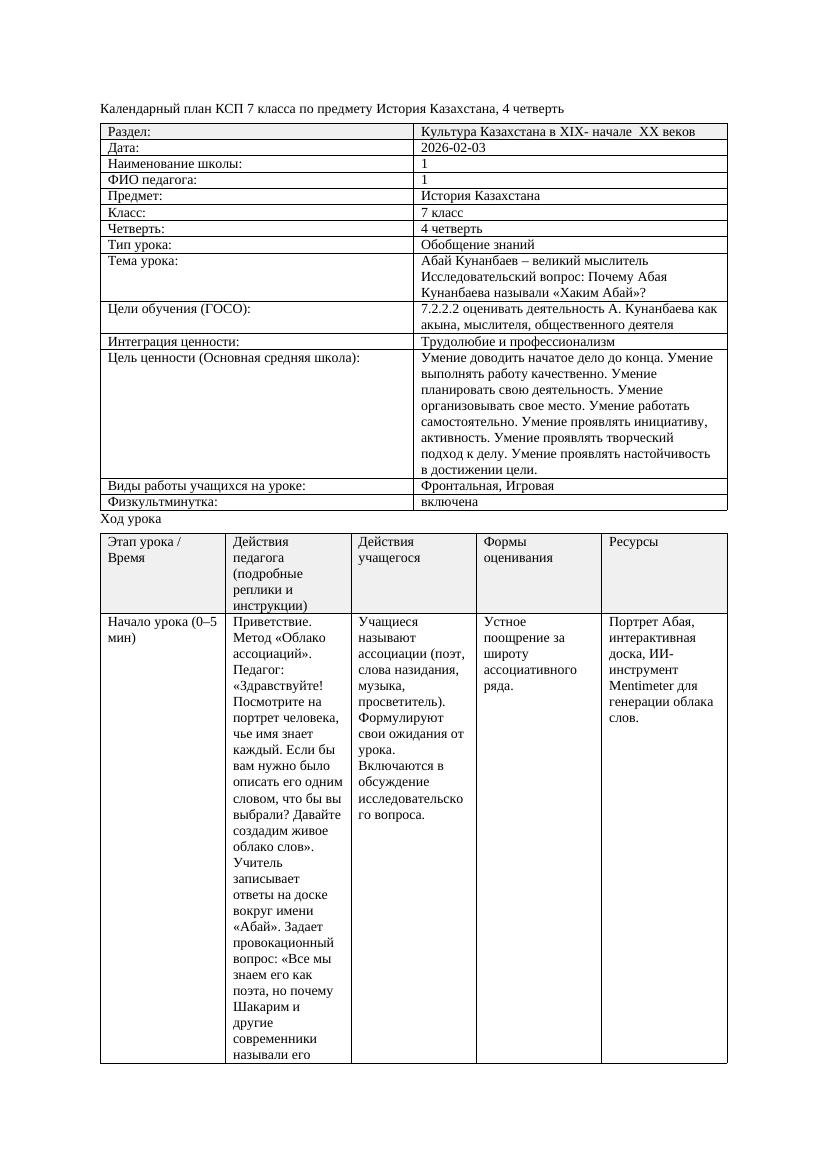 КСП История Казахстана 7класс 4четверть Абай Кунанбаев великий мыслитель