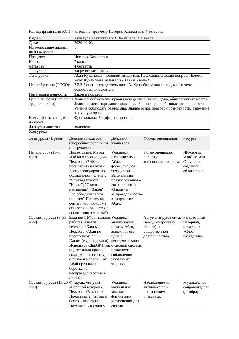 КСП История Казахстана 7класс 4четверть Абай Кунанбаев великий мыслитель