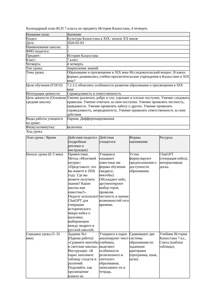 КСП История Казахстана 7класс 4четверть Образование и просвещение