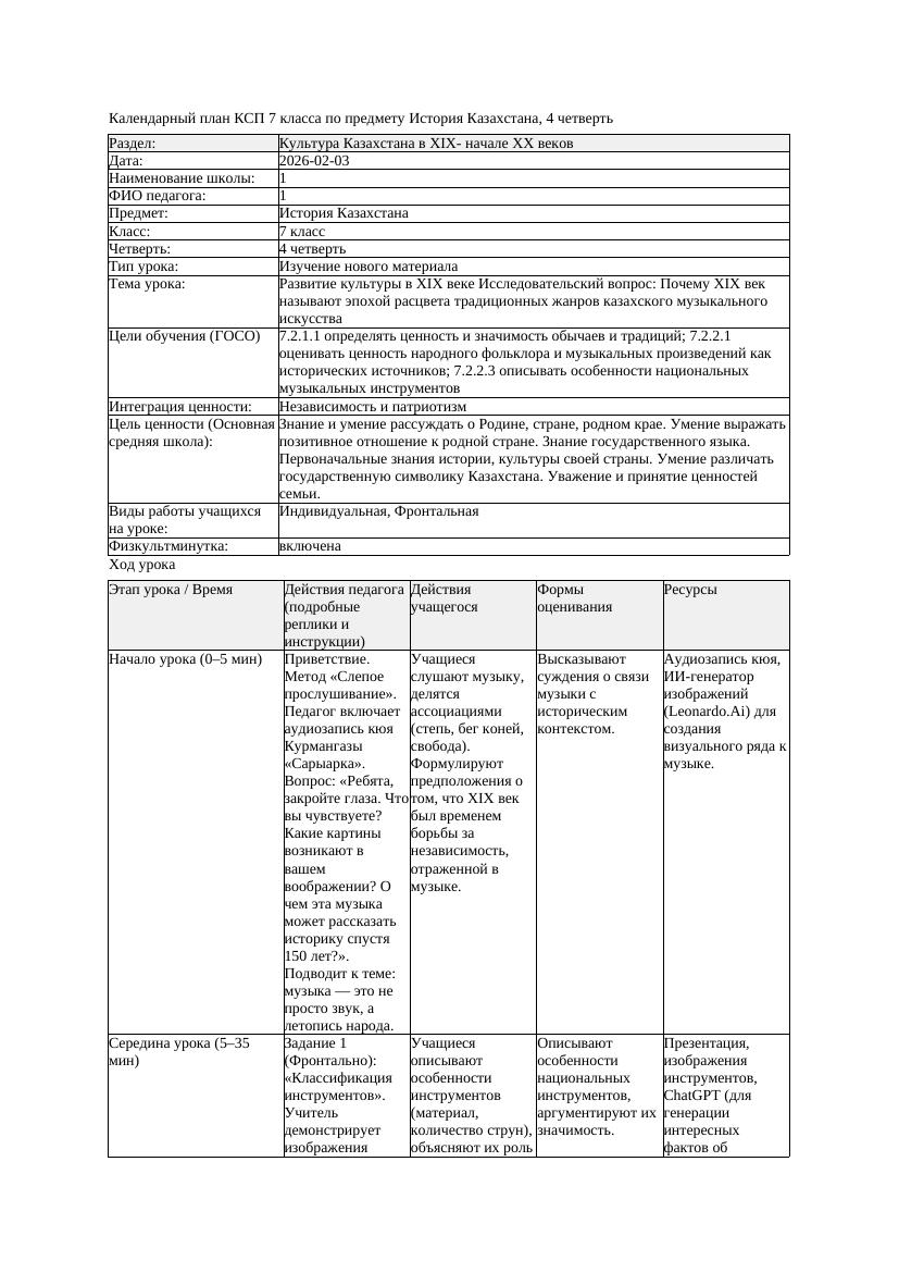 КСП История Казахстана 7класс 4четверть Развитие культуры в XIX