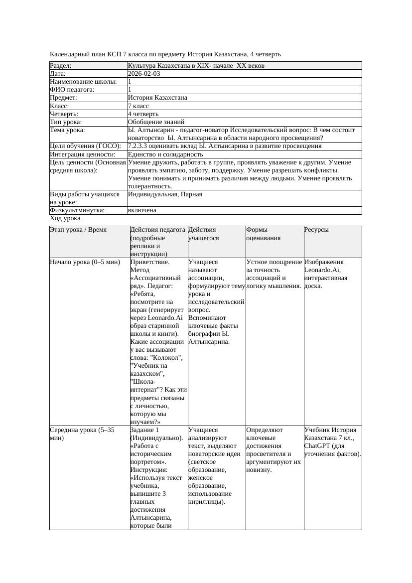 КСП История Казахстана 7класс 4четверть Ы Алтынсарин педагог новатор