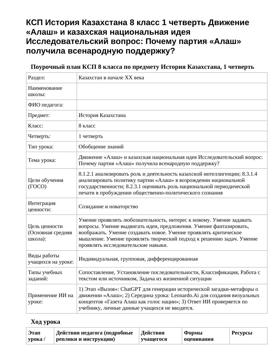 КСП История Казахстана 8 класс 1 четверть Движение «Алаш» и казахская национальная идея Исследовательский вопрос: Почему партия «Алаш» получила всенародную поддержку?