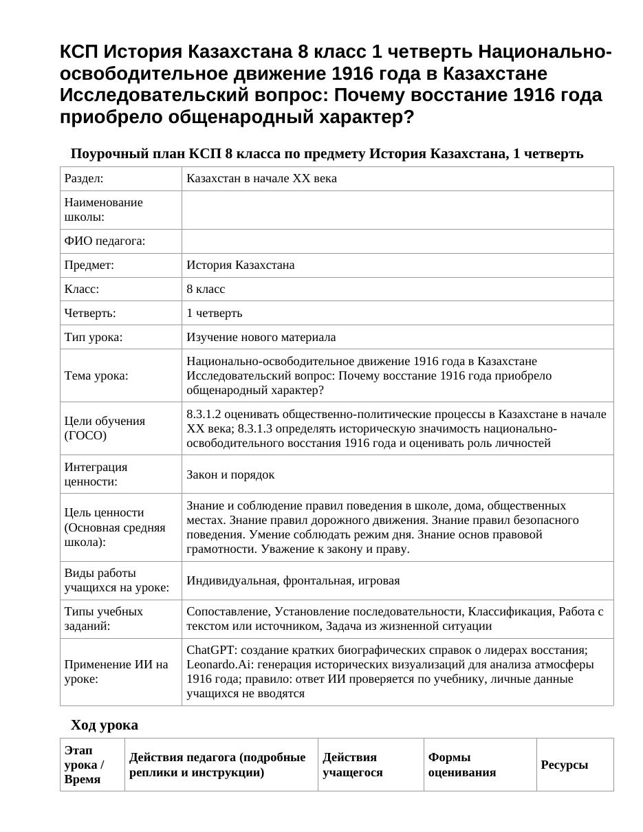 КСП История Казахстана 8 класс 1 четверть Национально-освободительное движение 1916 года в Казахстане Исследовательский вопрос: Почему восстание 1916 года приобрело общенародный характер?