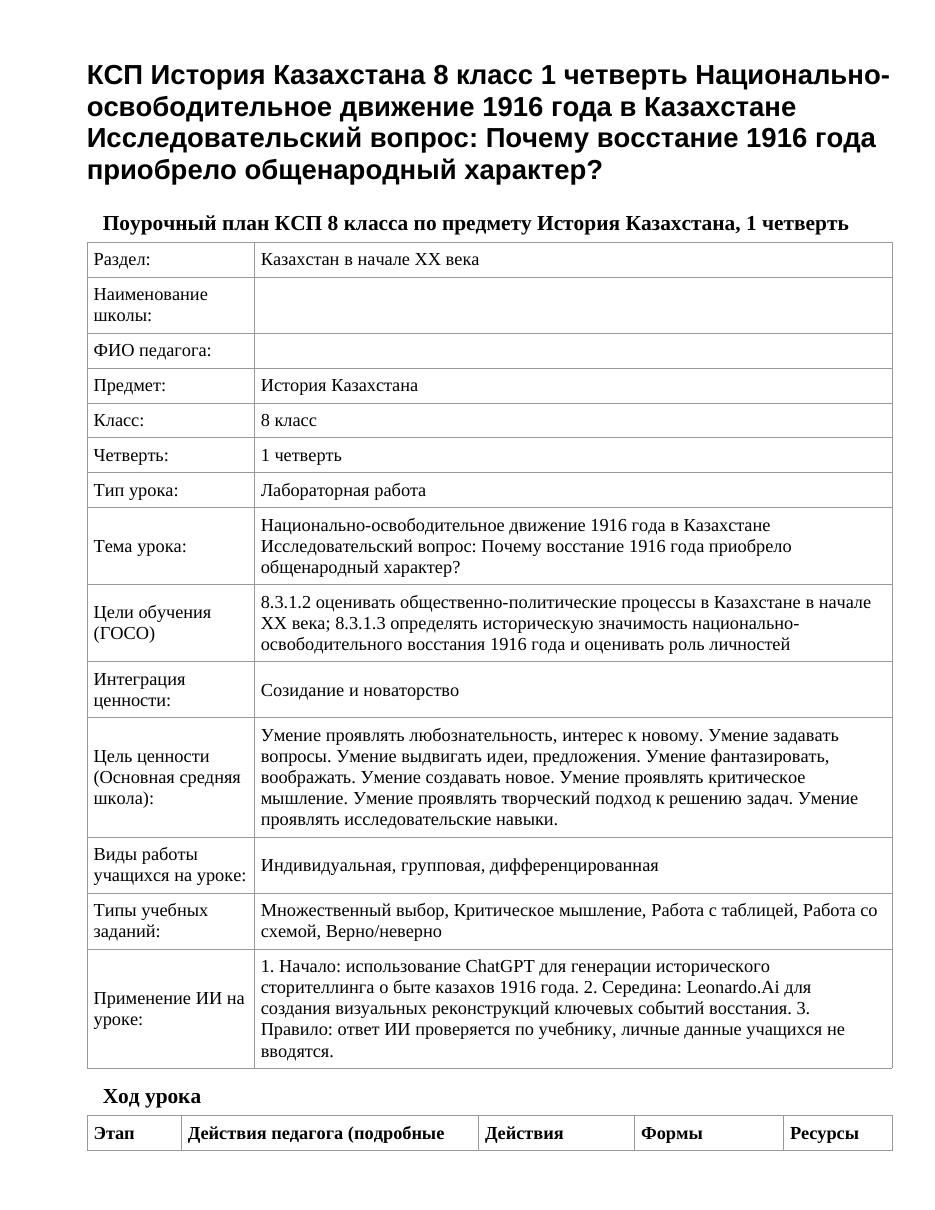 КСП История Казахстана 8 класс 1 четверть Национально-освободительное движение 1916 года в Казахстане Исследовательский вопрос: Почему восстание 1916 года приобрело общенародный характер?