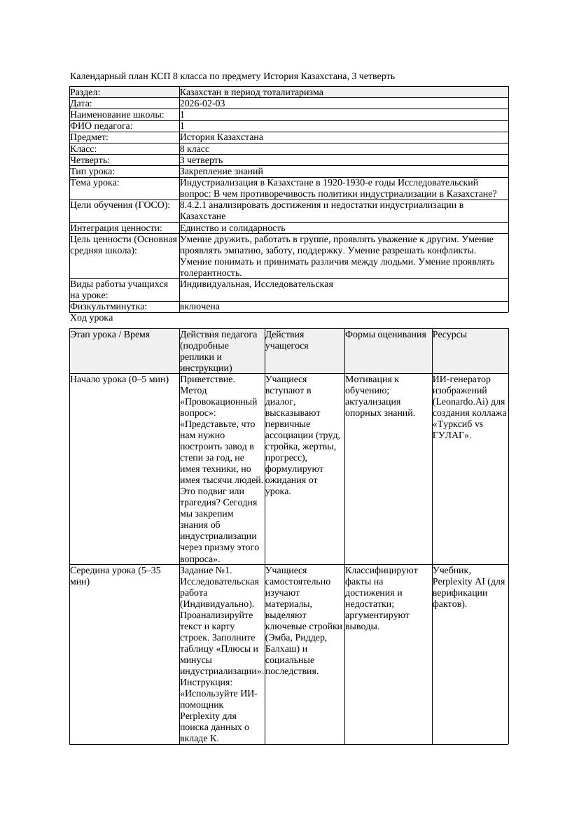 КСП История Казахстана 8класс 3четверть Индустриализация в Казахстане