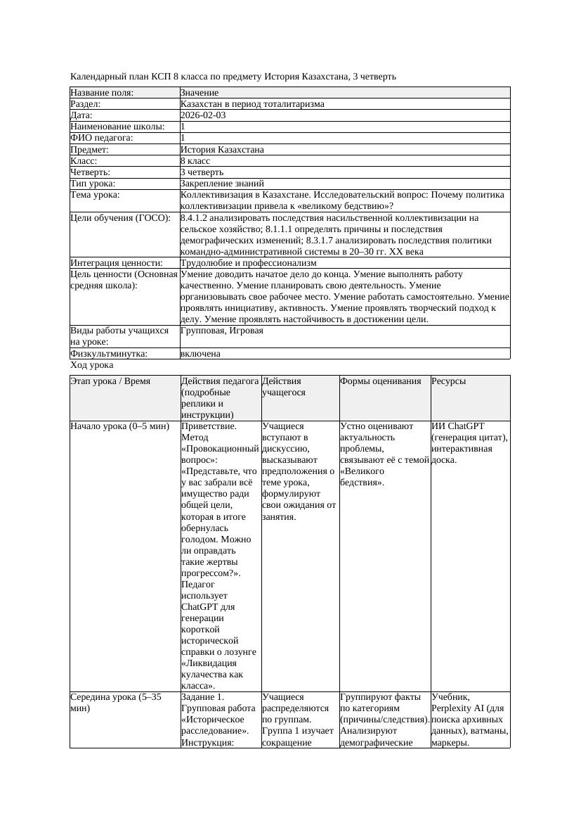 КСП История Казахстана 8класс 3четверть Коллективизация в Казахстане