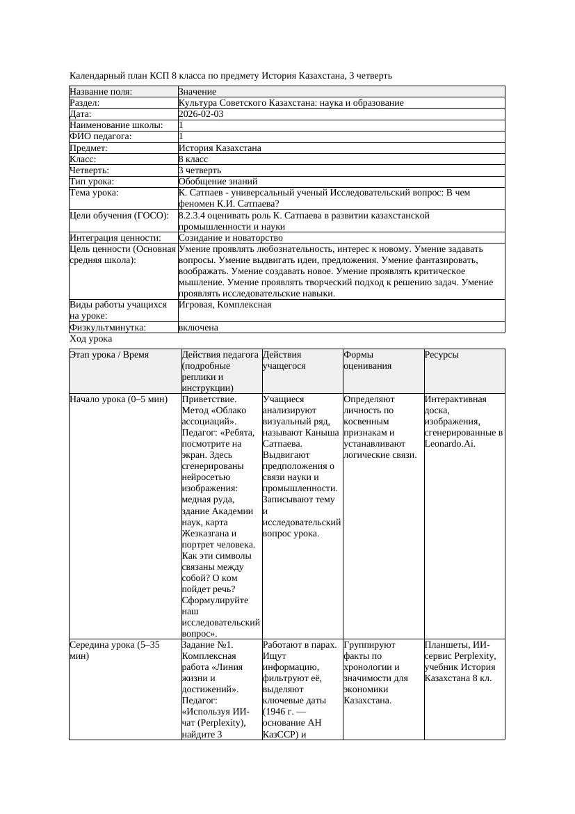 КСП История Казахстана 8класс 3четверть К Сатпаев универсальный