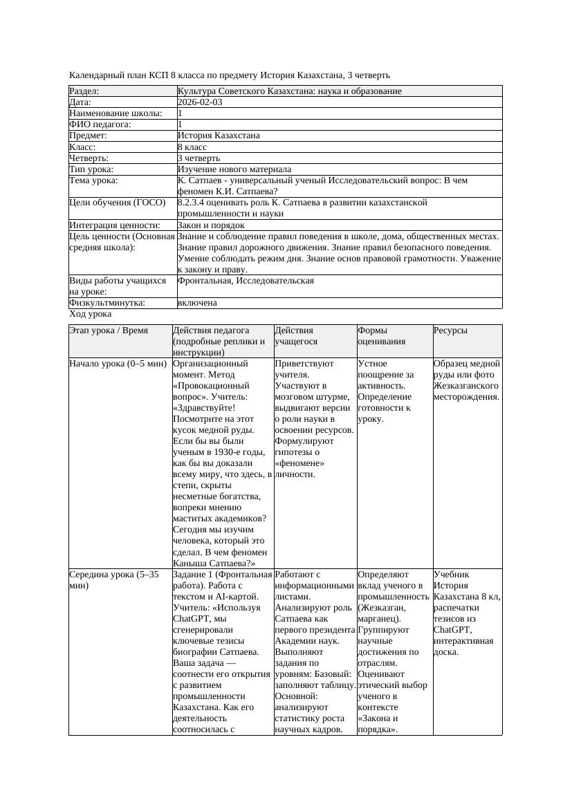 КСП История Казахстана 8класс 3четверть К Сатпаев универсальный
