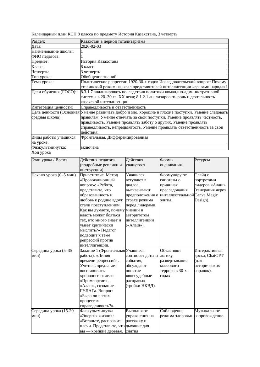 КСП История Казахстана 8класс 3четверть Политические репрессии 1920