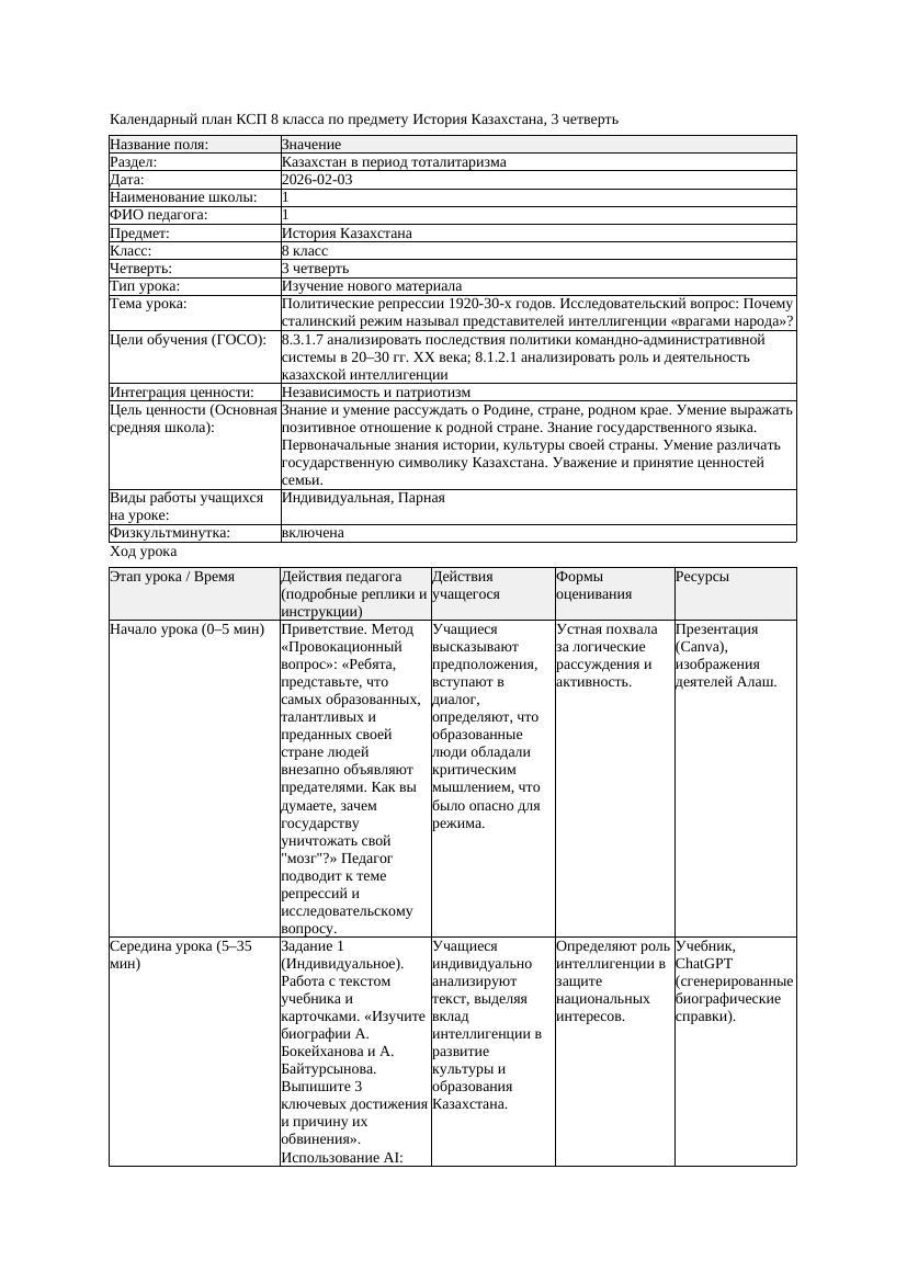КСП История Казахстана 8класс 3четверть Политические репрессии 1920