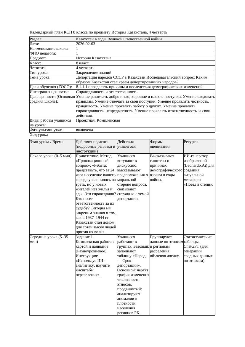 КСП История Казахстана 8класс 4четверть Депортация народов СССР