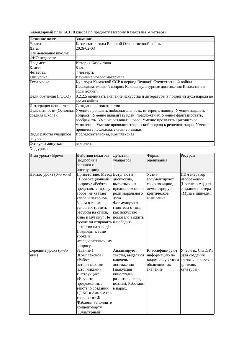 КСП История Казахстана 8класс 4четверть Культура Казахской ССР в