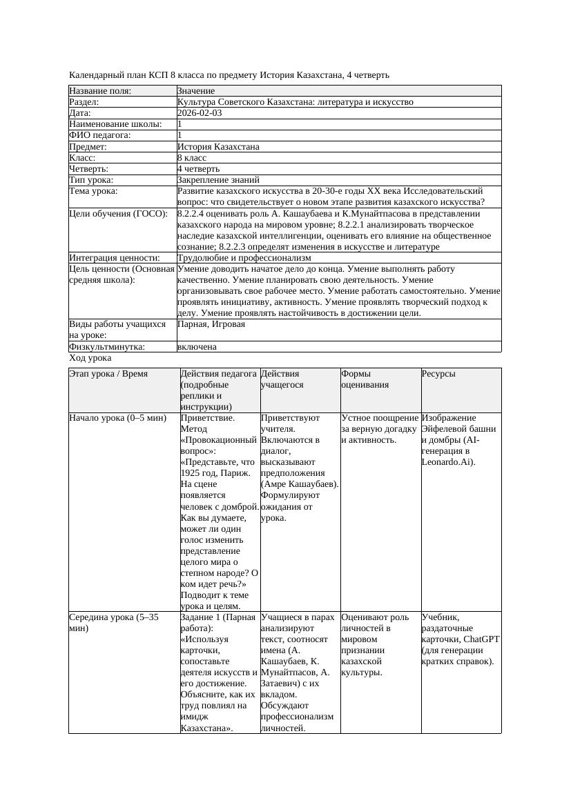 КСП История Казахстана 8класс 4четверть Развитие казахского искусства