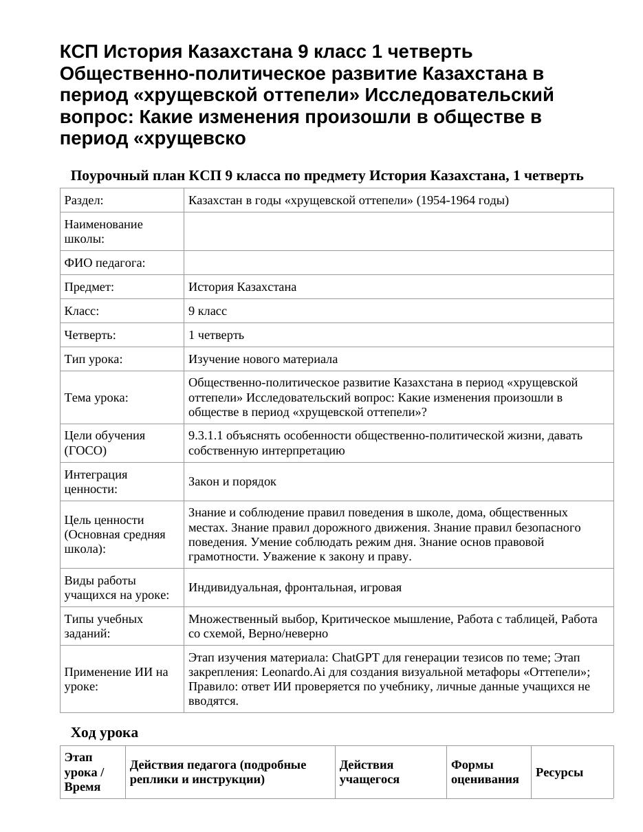 КСП История Казахстана 9 класс 1 четверть Общественно-политическое развитие Казахстана в период «хрущевской оттепели» Исследовательский вопрос: Какие изменения произошли в обществе в период «хрущевско