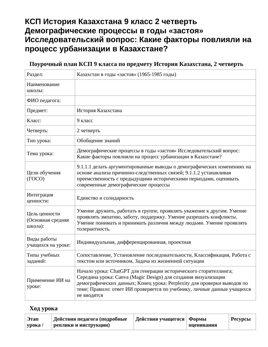 КСП История Казахстана 9 класс 2 четверть Демографические процессы в годы «застоя» Исследовательский вопрос: Какие факторы повлияли на процесс урбанизации в Казахстане?
