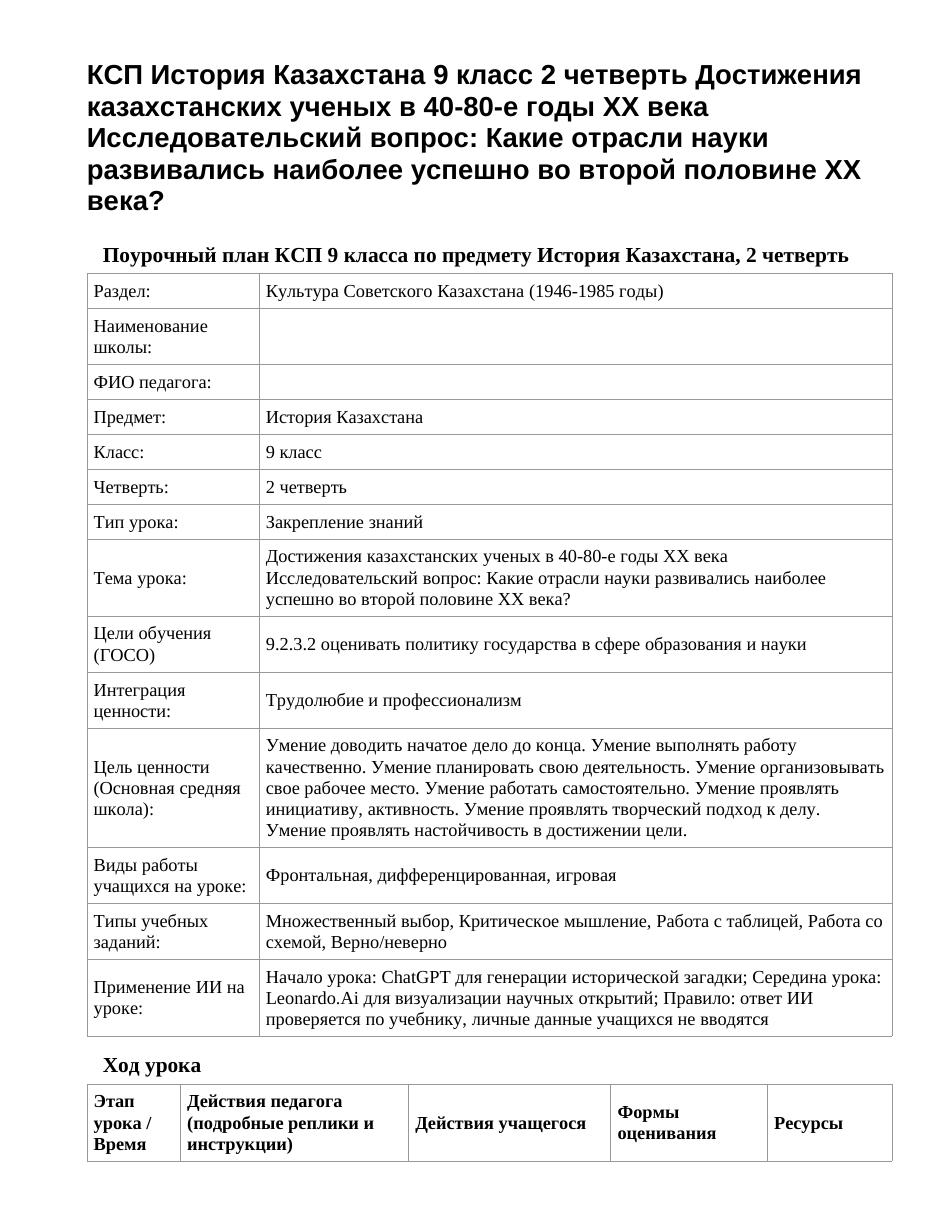 КСП История Казахстана 9 класс 2 четверть Достижения казахстанских ученых в 40-80-е годы XX века Исследовательский вопрос: Какие отрасли науки развивались наиболее успешно во второй половине XX века?