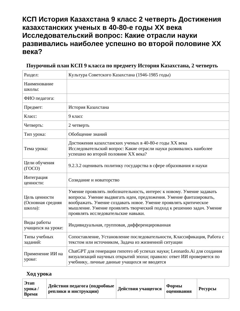 КСП История Казахстана 9 класс 2 четверть Достижения казахстанских ученых в 40-80-е годы XX века Исследовательский вопрос: Какие отрасли науки развивались наиболее успешно во второй половине XX века?