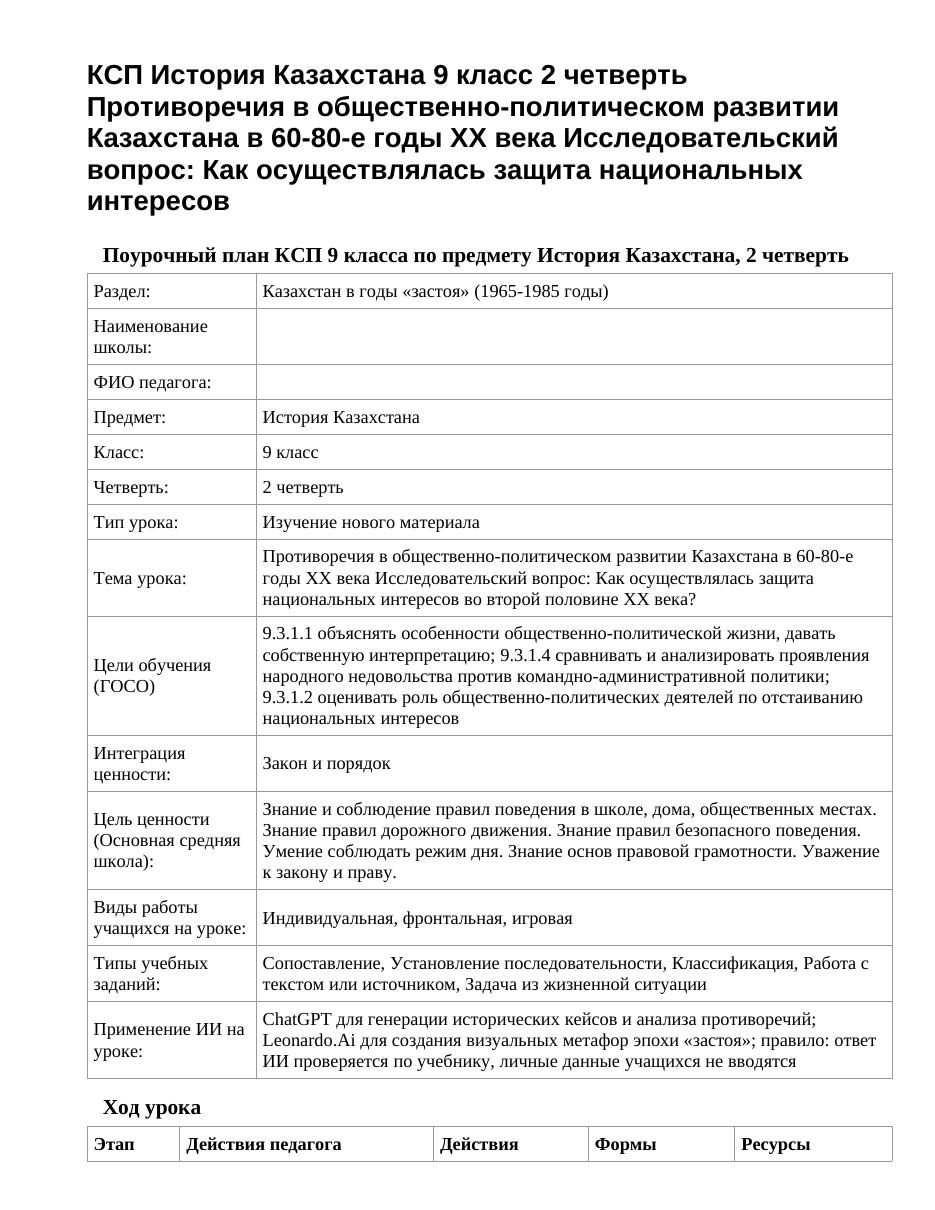 КСП История Казахстана 9 класс 2 четверть Противоречия в общественно-политическом развитии Казахстана в 60-80-е годы ХХ века Исследовательский вопрос: Как осуществлялась защита национальных интересов 