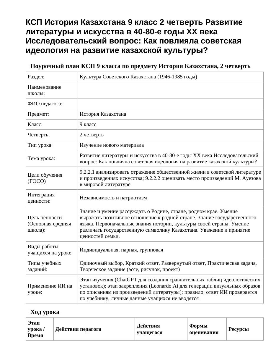 КСП История Казахстана 9 класс 2 четверть Развитие литературы и искусства в 40-80-е годы XX века Исследовательский вопрос: Как повлияла советская идеология на развитие казахской культуры?