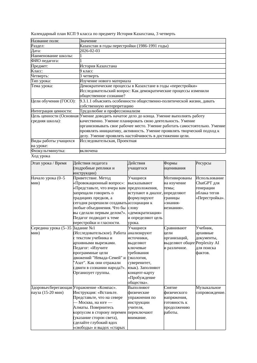 КСП История Казахстана 9класс 3четверть Демократические процессы