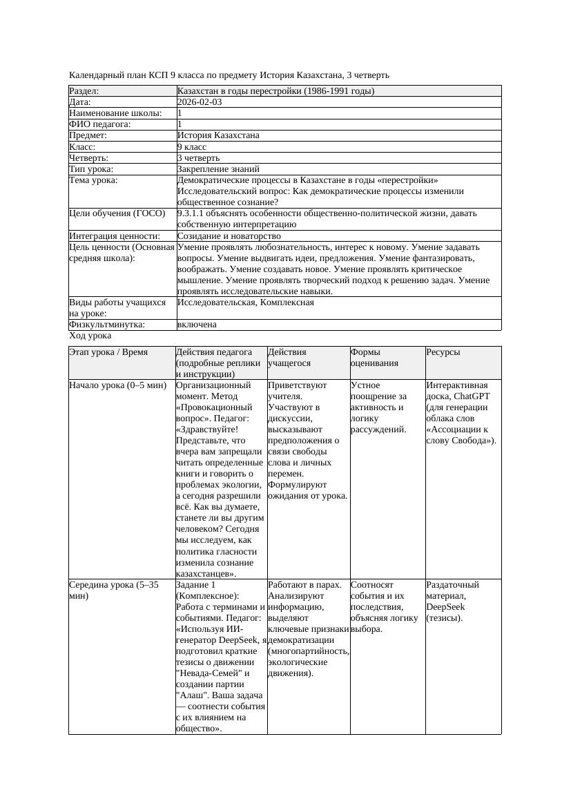 КСП История Казахстана 9класс 3четверть Демократические процессы