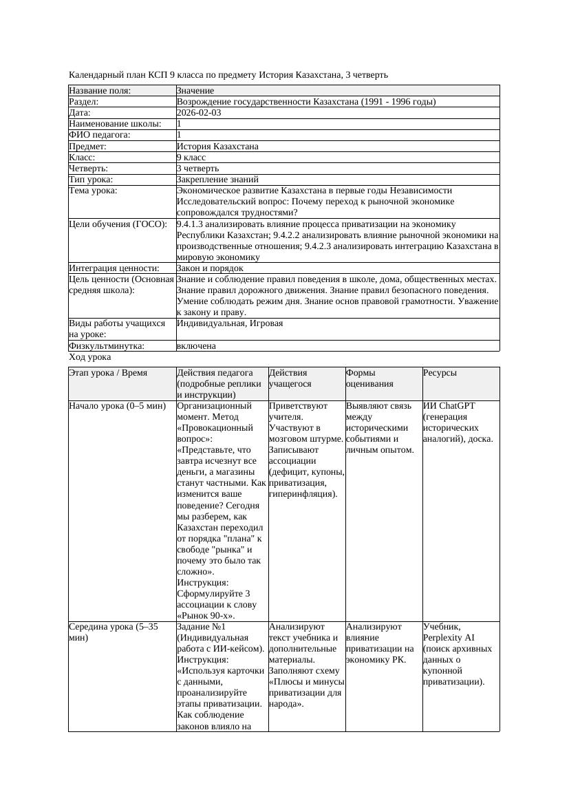 КСП История Казахстана 9класс 3четверть Экономическое развитие Казахстана