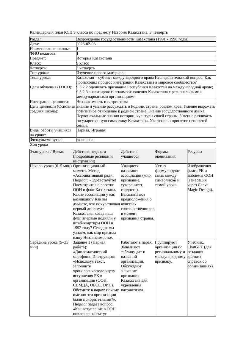 КСП История Казахстана 9класс 3четверть Казахстан субъект международного