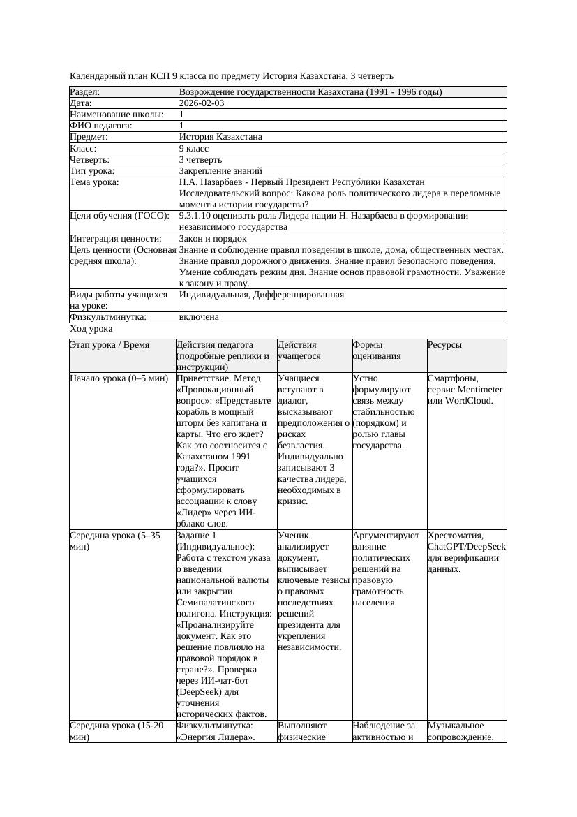 КСП История Казахстана 9класс 3четверть Н А Назарбаев Первый Президент
