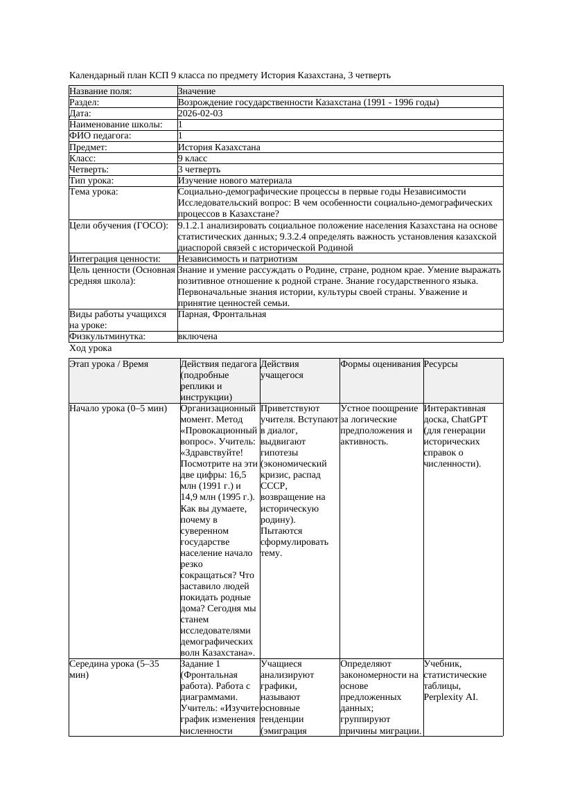 КСП История Казахстана 9класс 3четверть Социально демографические
