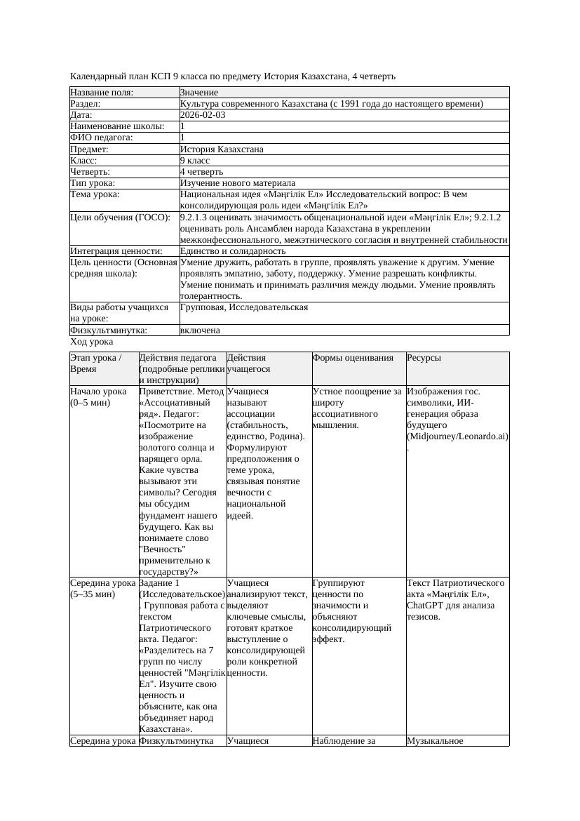 КСП История Казахстана 9класс 4четверть Национальная идея М г л