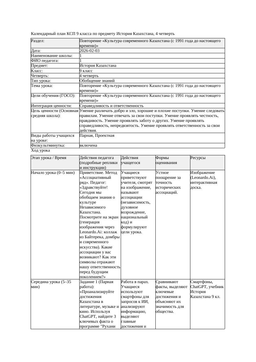 КСП История Казахстана 9класс 4четверть Повторение Культура современного