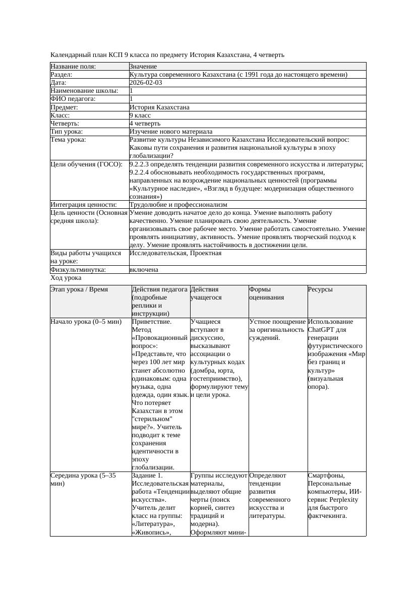 КСП История Казахстана 9класс 4четверть Развитие культуры Независимого