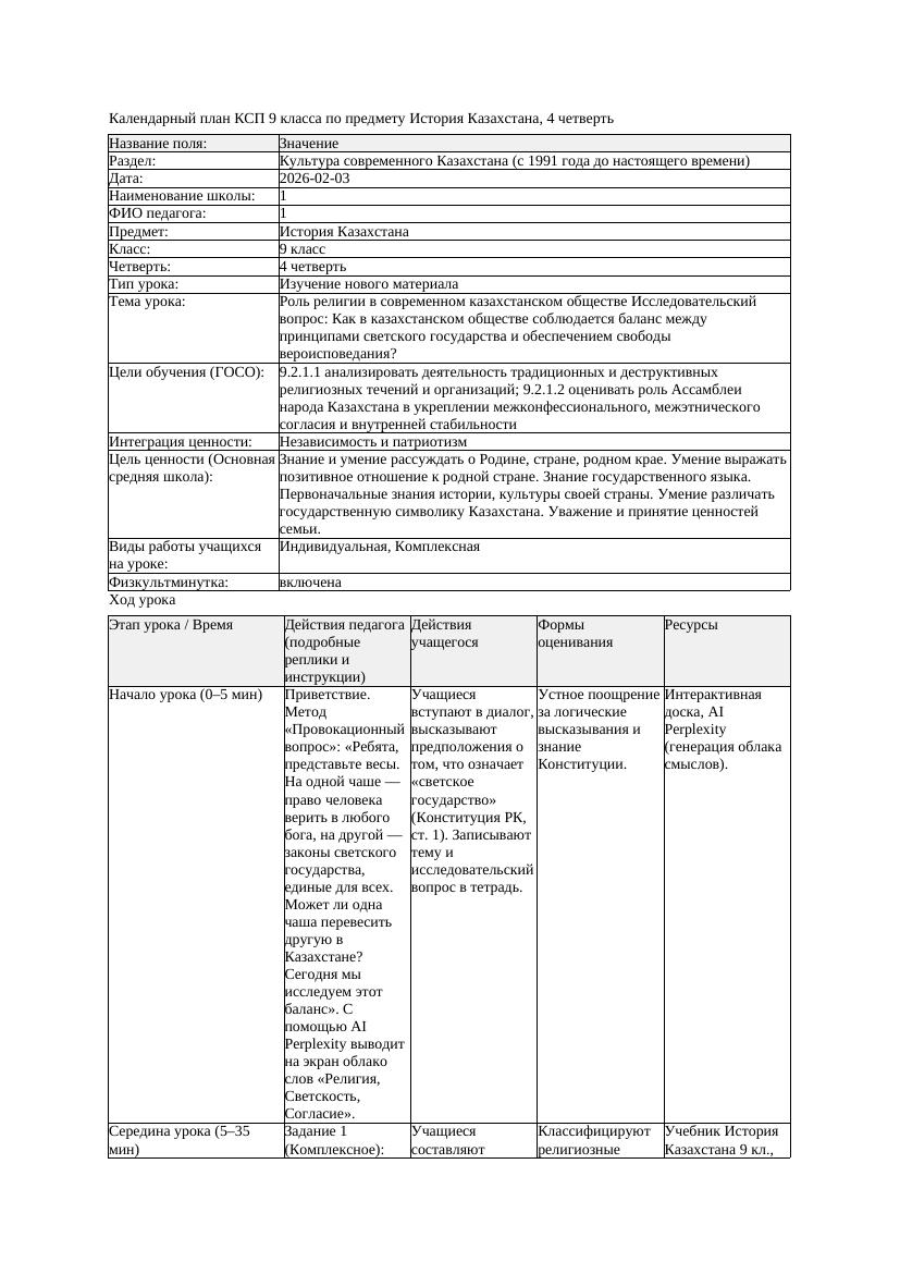 КСП История Казахстана 9класс 4четверть Роль религии в современном