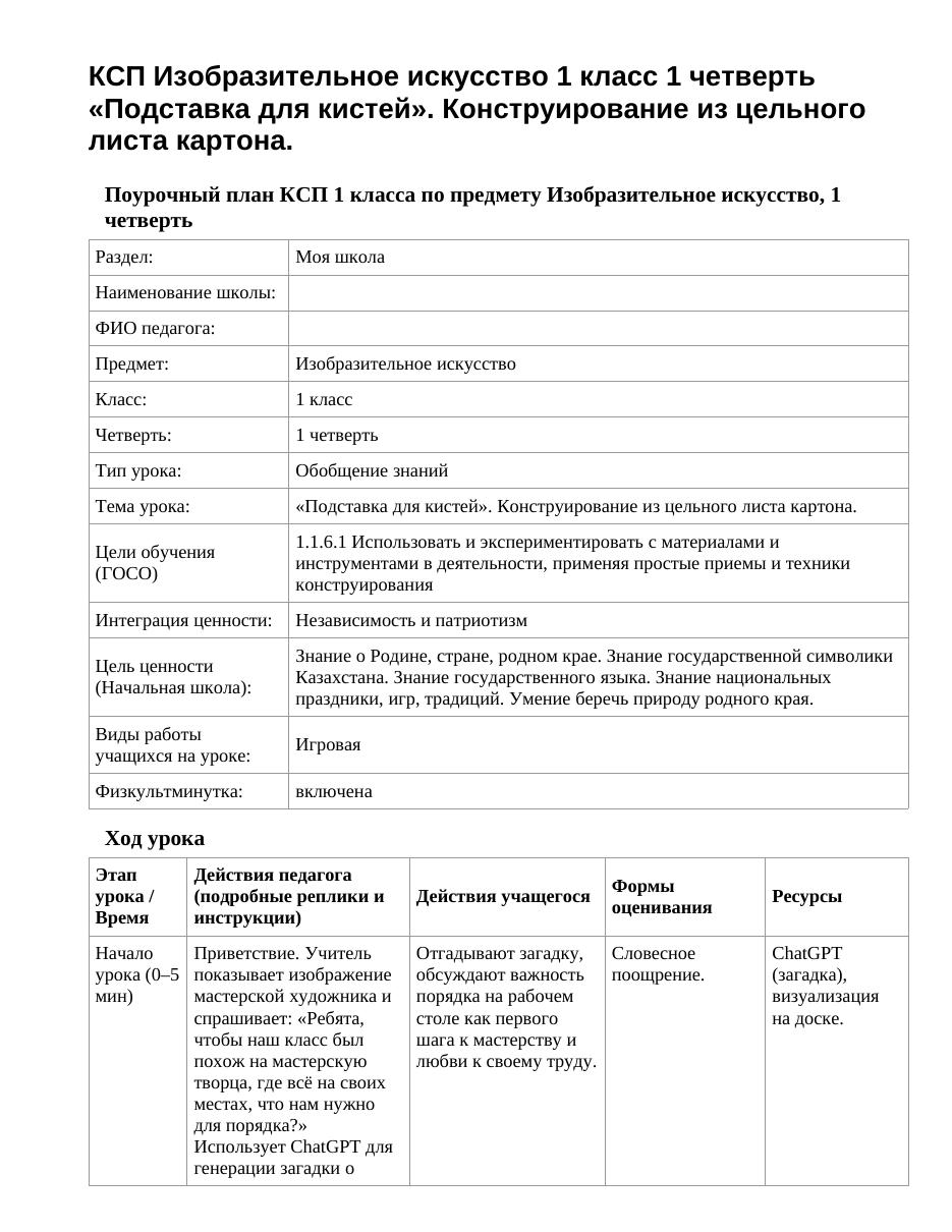 КСП Изобразительное искусство 1 класс 1 четверть «Подставка для кистей». Конструирование из цельного листа картона.