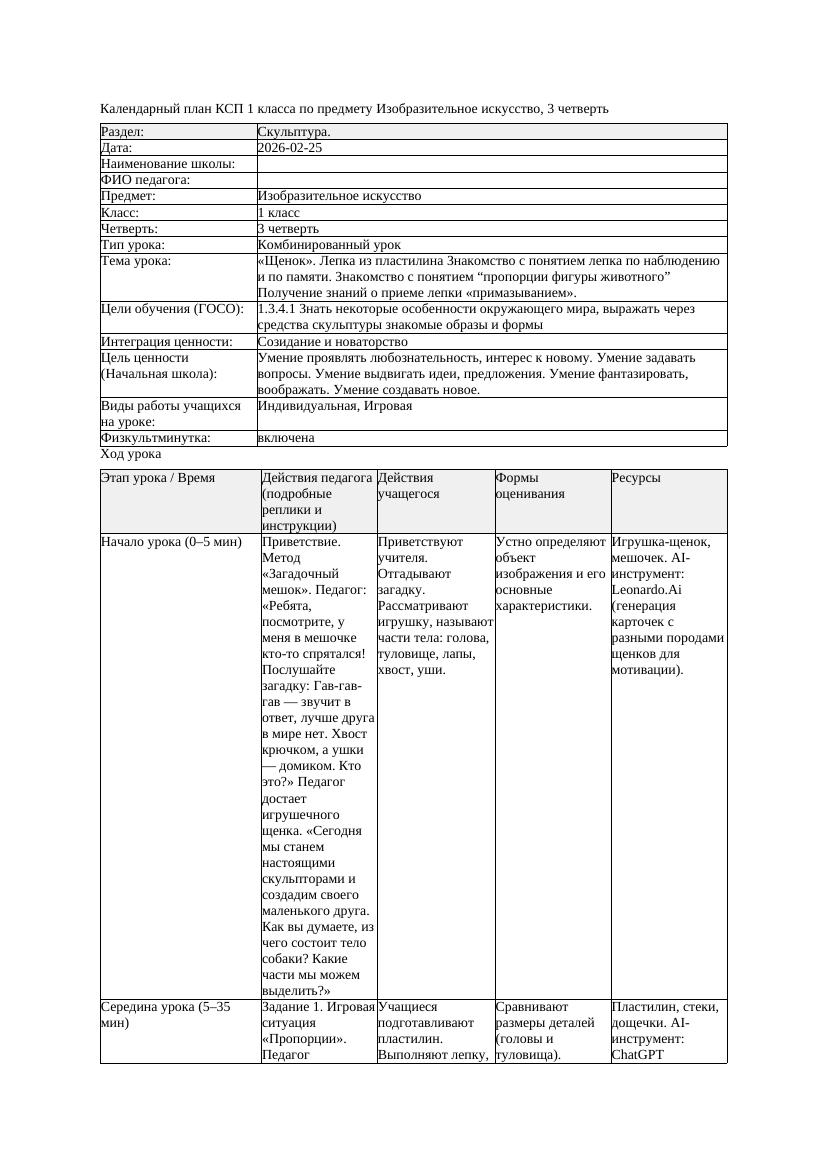 КСП Изобразительное искусство 1класс 3 четверть Щенок Лепка из пластилина
