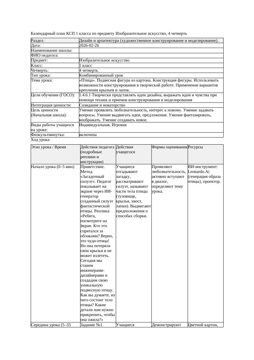 КСП Изобразительное искусство 1класс 4 четверть Птица Подвесная