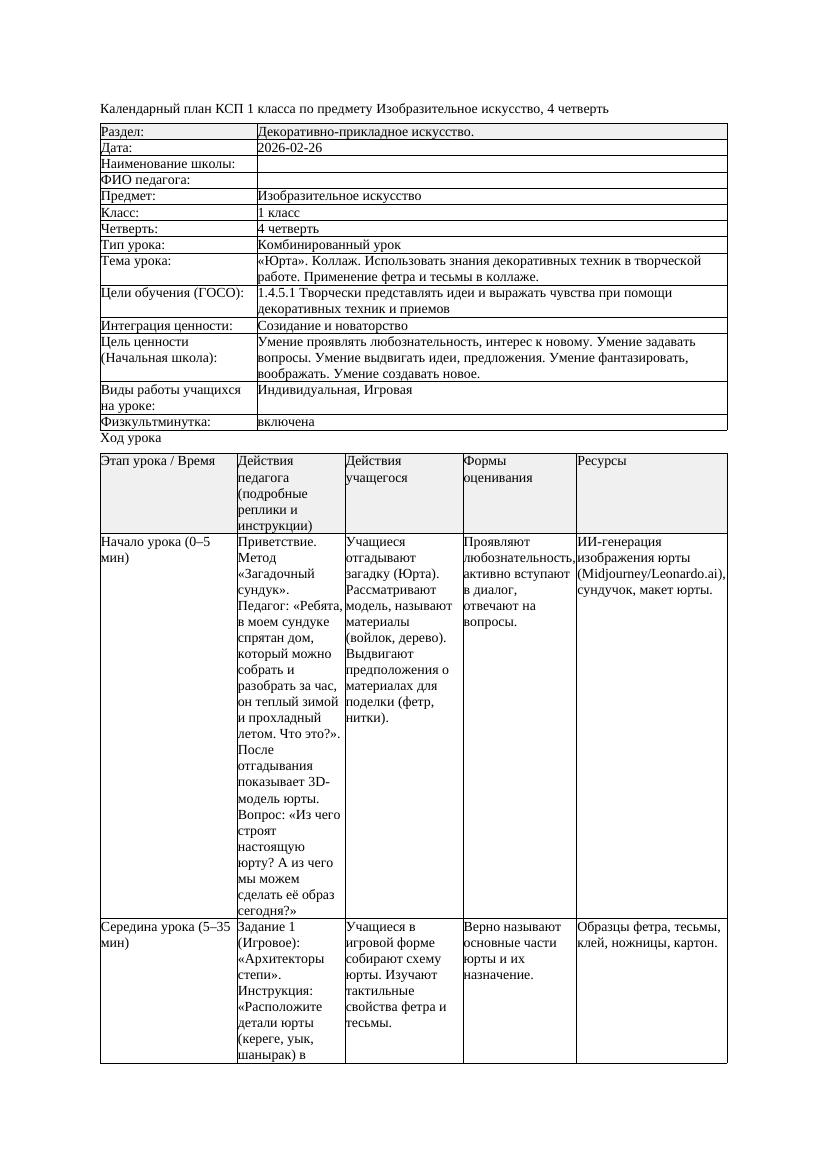 КСП Изобразительное искусство 1класс 4 четверть Юрта Коллаж Использовать
