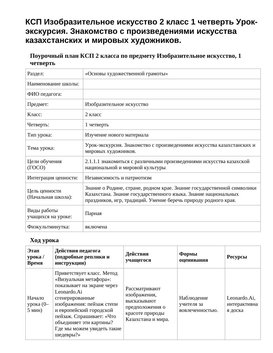 КСП Изобразительное искусство 2 класс 1 четверть Урок-экскурсия. Знакомство с произведениями искусства казахстанских и мировых художников.