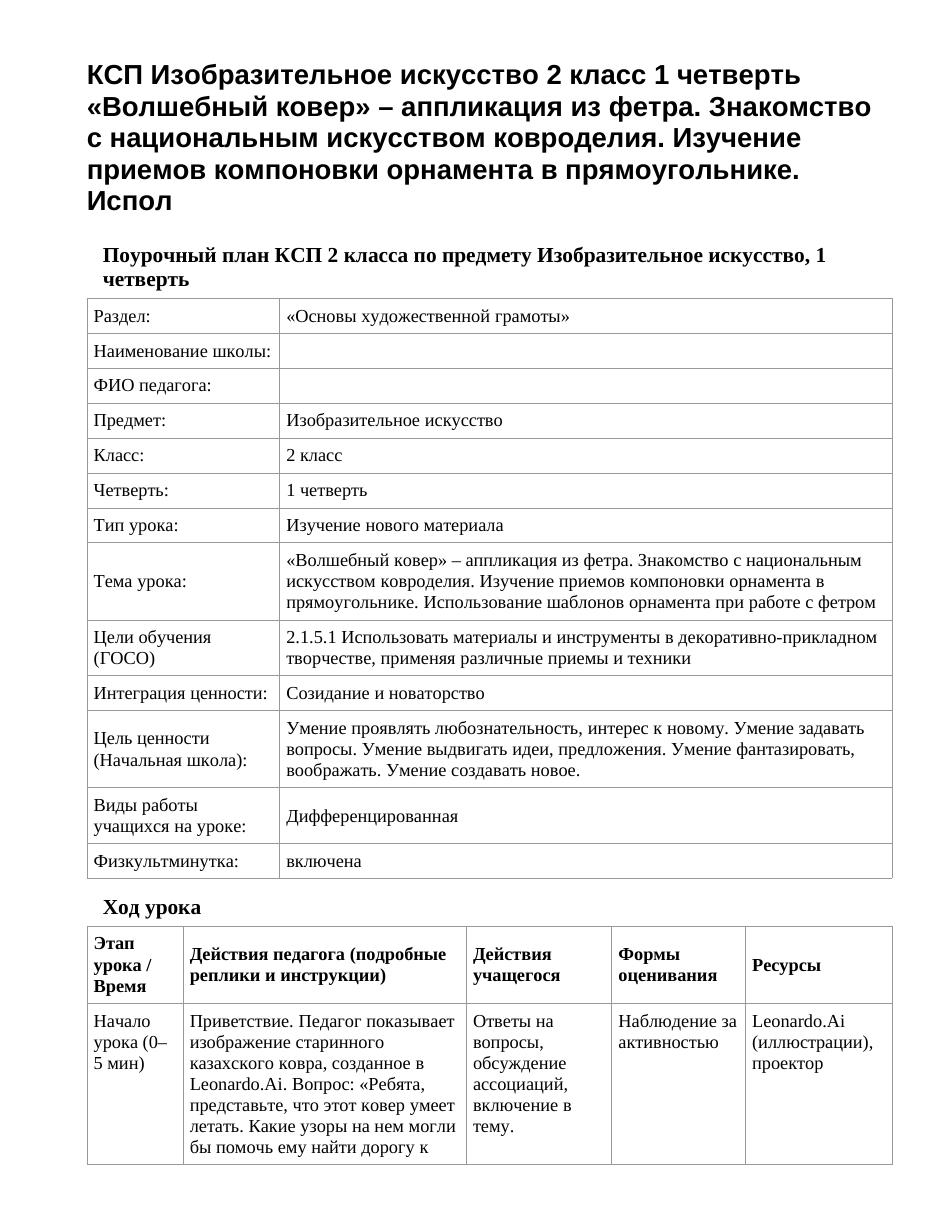 КСП Изобразительное искусство 2 класс 1 четверть «Волшебный ковер» – аппликация из фетра. Знакомство с национальным искусством ковроделия. Изучение приемов компоновки орнамента в прямоугольнике. Испол