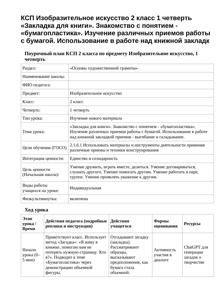 КСП Изобразительное искусство 2 класс 1 четверть «Закладка для книги». Знакомство с понятием - «бумагопластика». Изучение различных приемов работы с бумагой. Использование в работе над книжной закладк