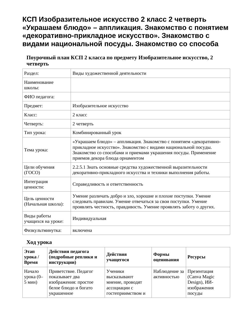 КСП Изобразительное искусство 2 класс 2 четверть «Украшаем блюдо» – аппликация. Знакомство с понятием «декоративно-прикладное искусство». Знакомство с видами национальной посуды. Знакомство со способа